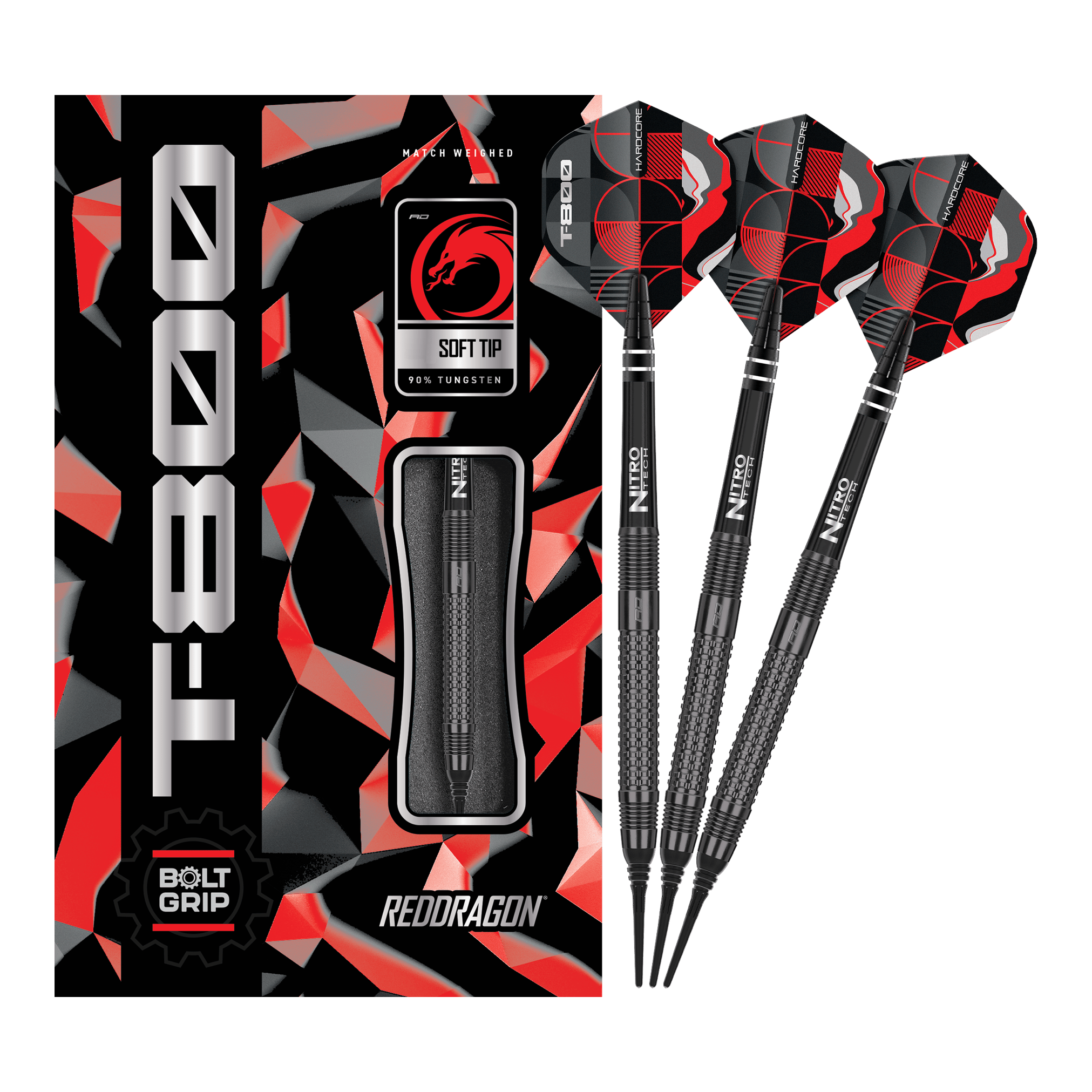 Dardos blandos Red Dragon T-800 - 20 g Das Bild zeigt die Red Dragon T-800 Softdarts mit 20g Gewicht in einer schwarzen und roten Verpackung. Drei schwarze Softdarts mit roten und schwarzen Flights sind neben der Verpackung abgebildet.