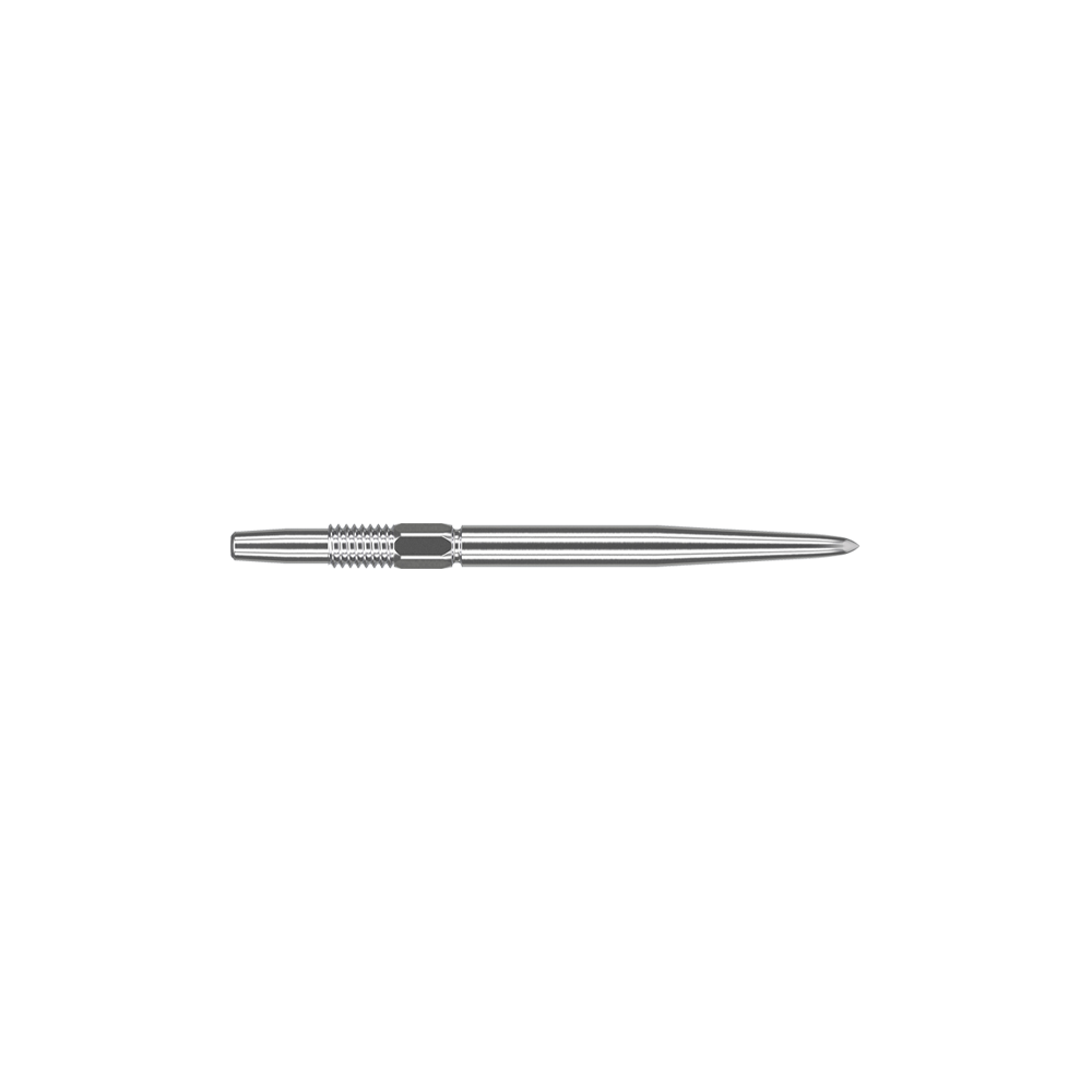 Końcówki do lotek Target Swiss Point Silver Auf dem Bild ist eine silberne Dartspitze zu sehen. Sie ist schmal, metallisch und hat eine Länge von 26 mm.
