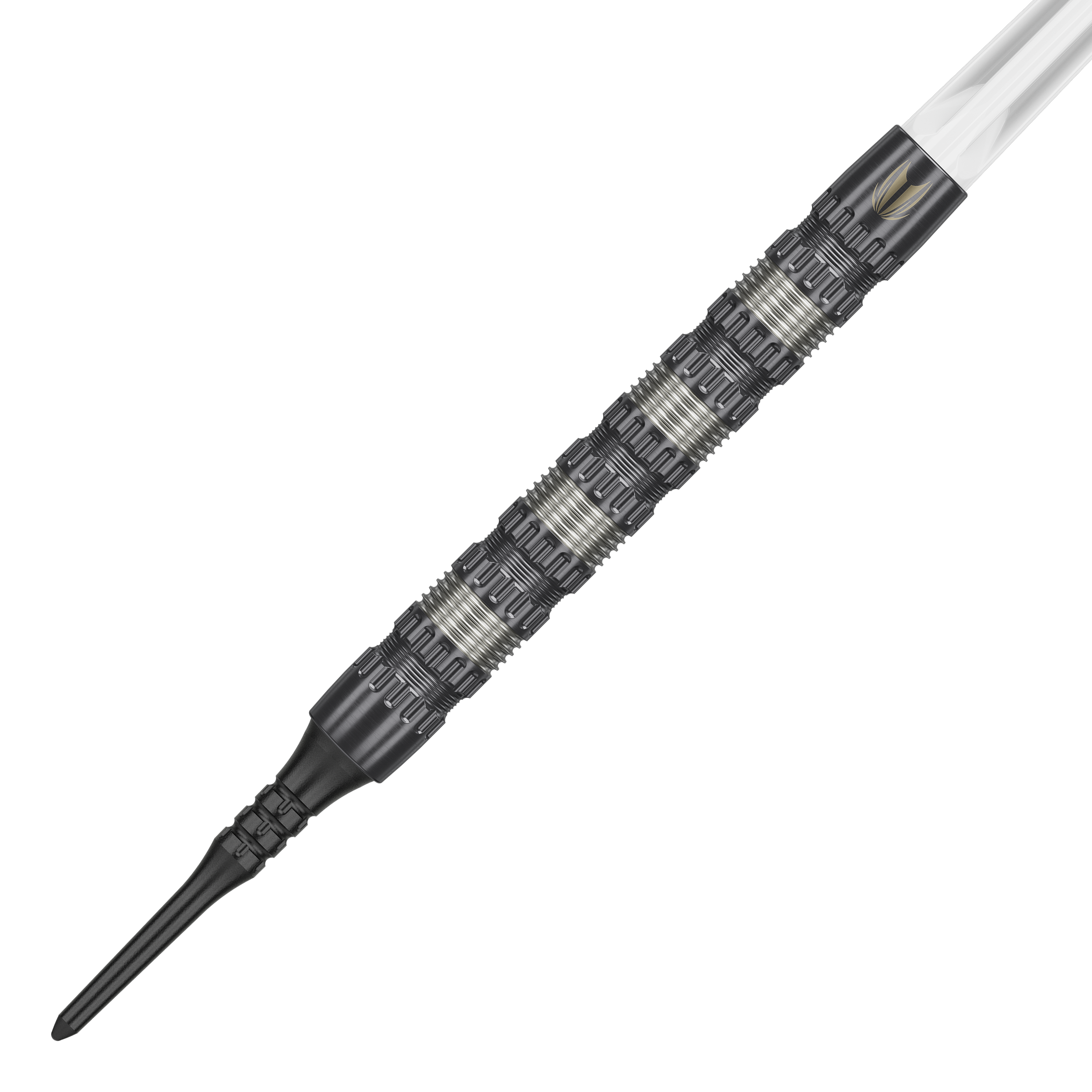Dardos Target Rob Cross 95K Swiss Point Soft - 18 g Das Bild zeigt einen Target Rob Cross 95K Swiss Point Softdart mit einem Gewicht von 18 Gramm. Der Dartpfeil hat ein markantes, silber-schwarzes Griffdesign und eine schwarze Softspitze.