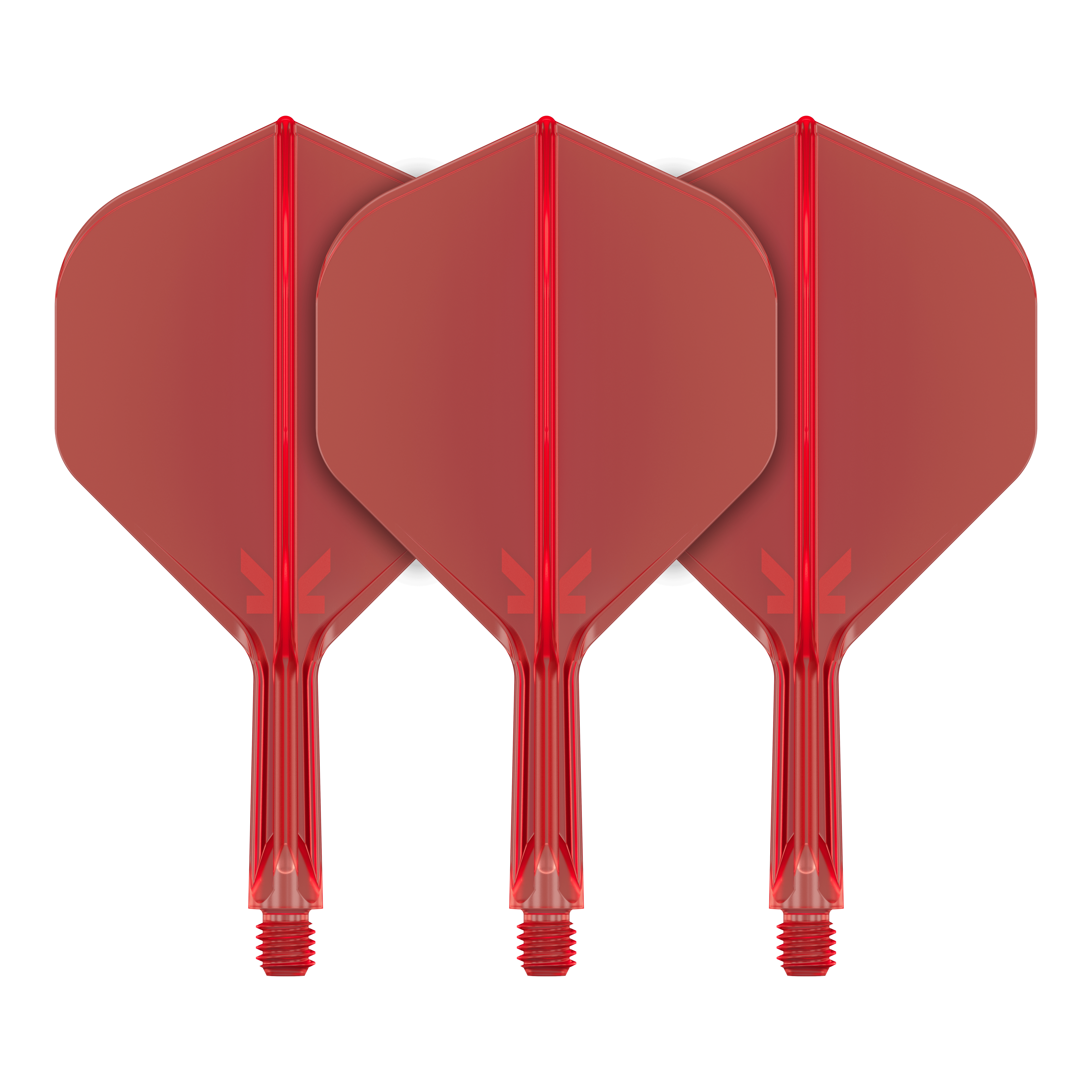 System lotu Target K-Flex No2 Standard – czerwony Auf dem Bild sind drei rote Dartflights mit befestigtem Schaft zu sehen. Sie stehen nebeneinander und haben eine standardmäßige Pfeilform.