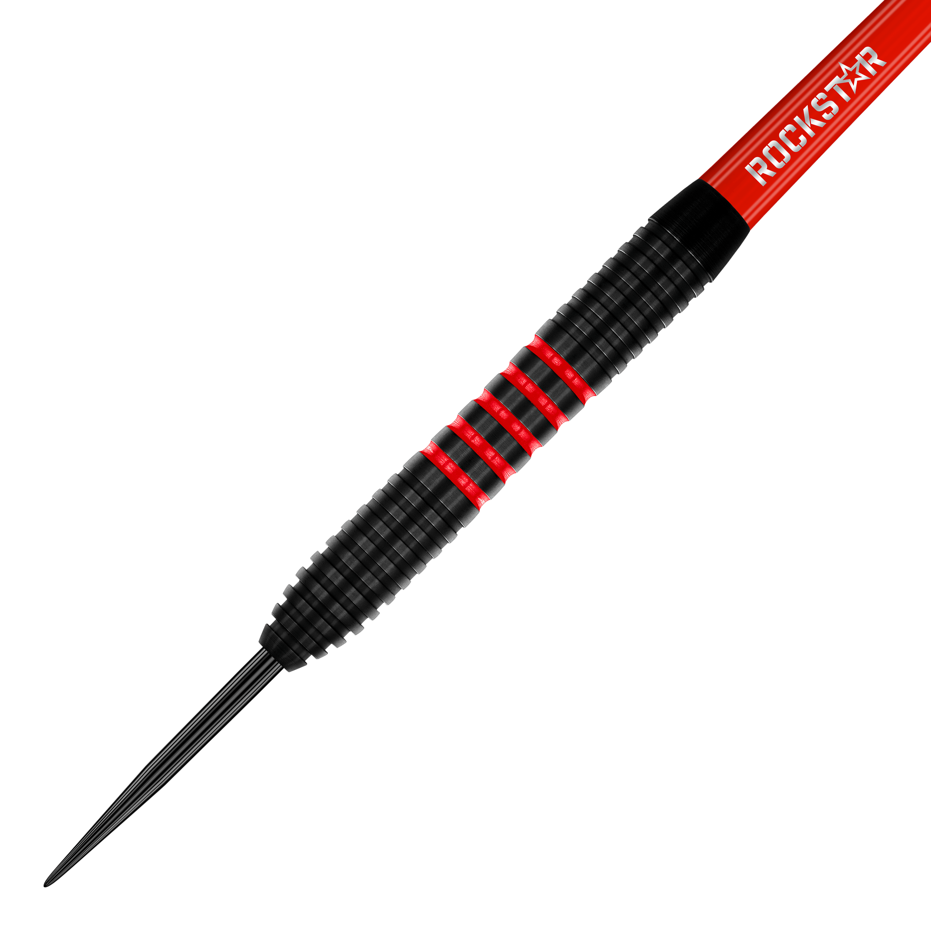 Šipky Winmau Joe Cullen Brass Steeldarts - 20g Das Bild zeigt einen Winmau Joe Cullen Brass Steeldart mit einem Gewicht von 20g. Der Dart ist überwiegend schwarz mit roten Ringen und dem Schriftzug "ROCKSTAR" auf dem Schaft.