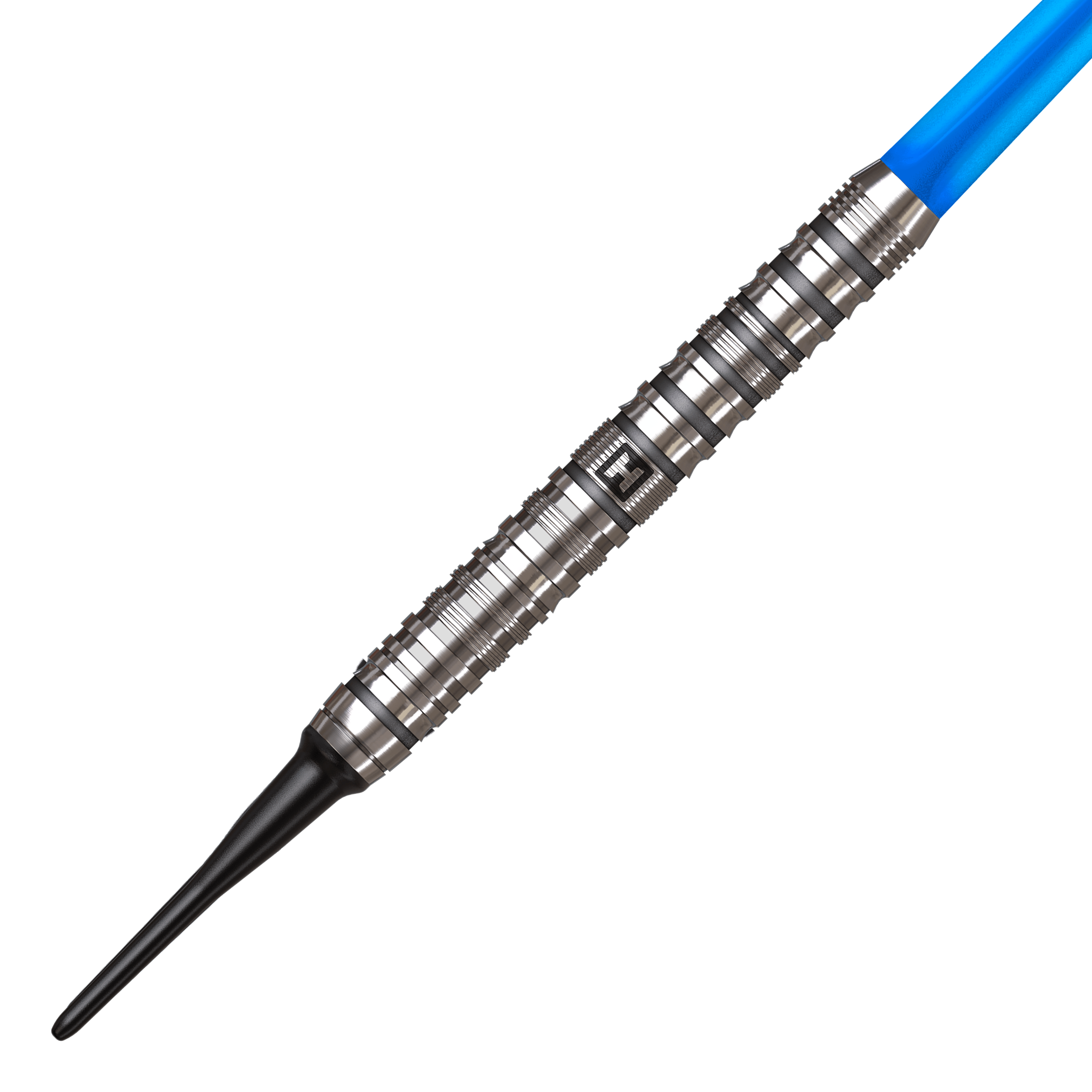 Zu sehen sind Harrows Flux Softdarts mit einem Gewicht von 20g. Die Darts haben einen modernen, silbernen Schaft.