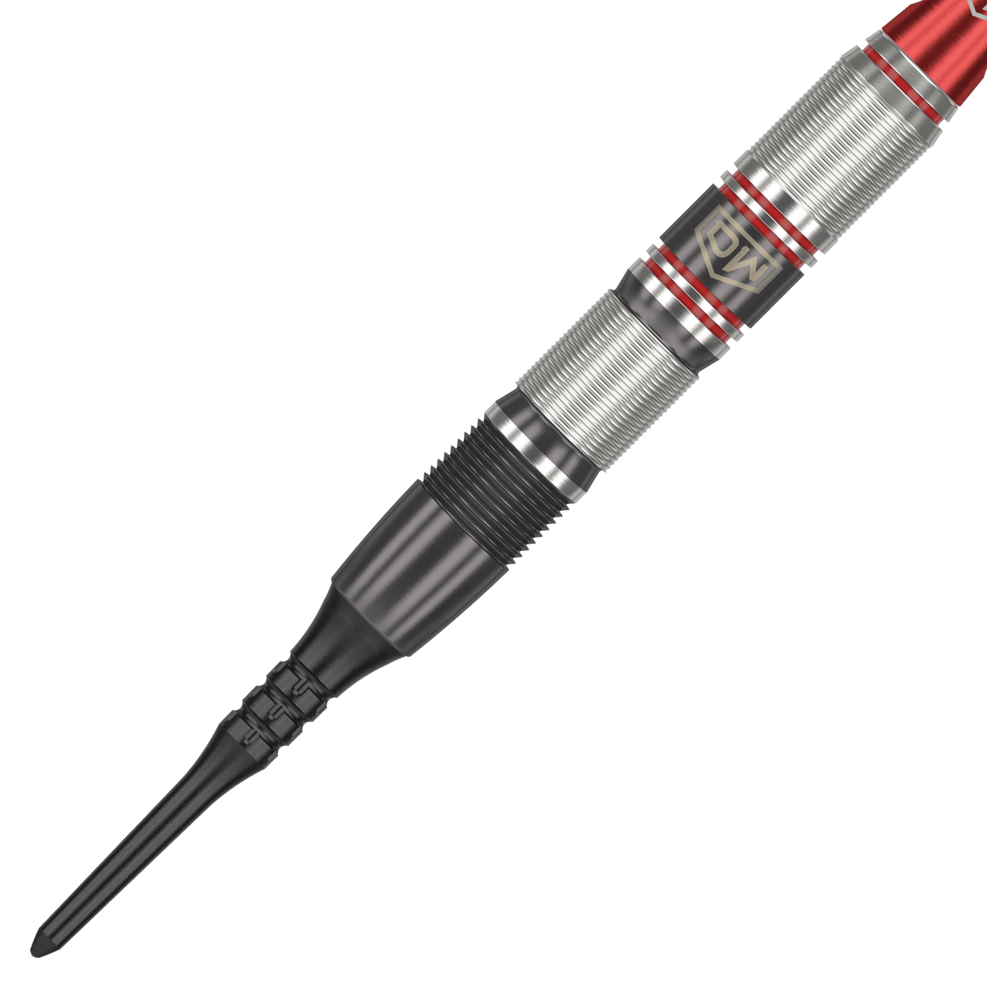 Šipky DW Piranha Razor 02 Softdarts Das Bild zeigt einen DW Piranha Razor 02 Softdart mit einer schwarzen Spitze und silbernem, rot akzentuiertem Griff. Das Design wirkt hochwertig und sorgt für guten Halt beim Werfen.