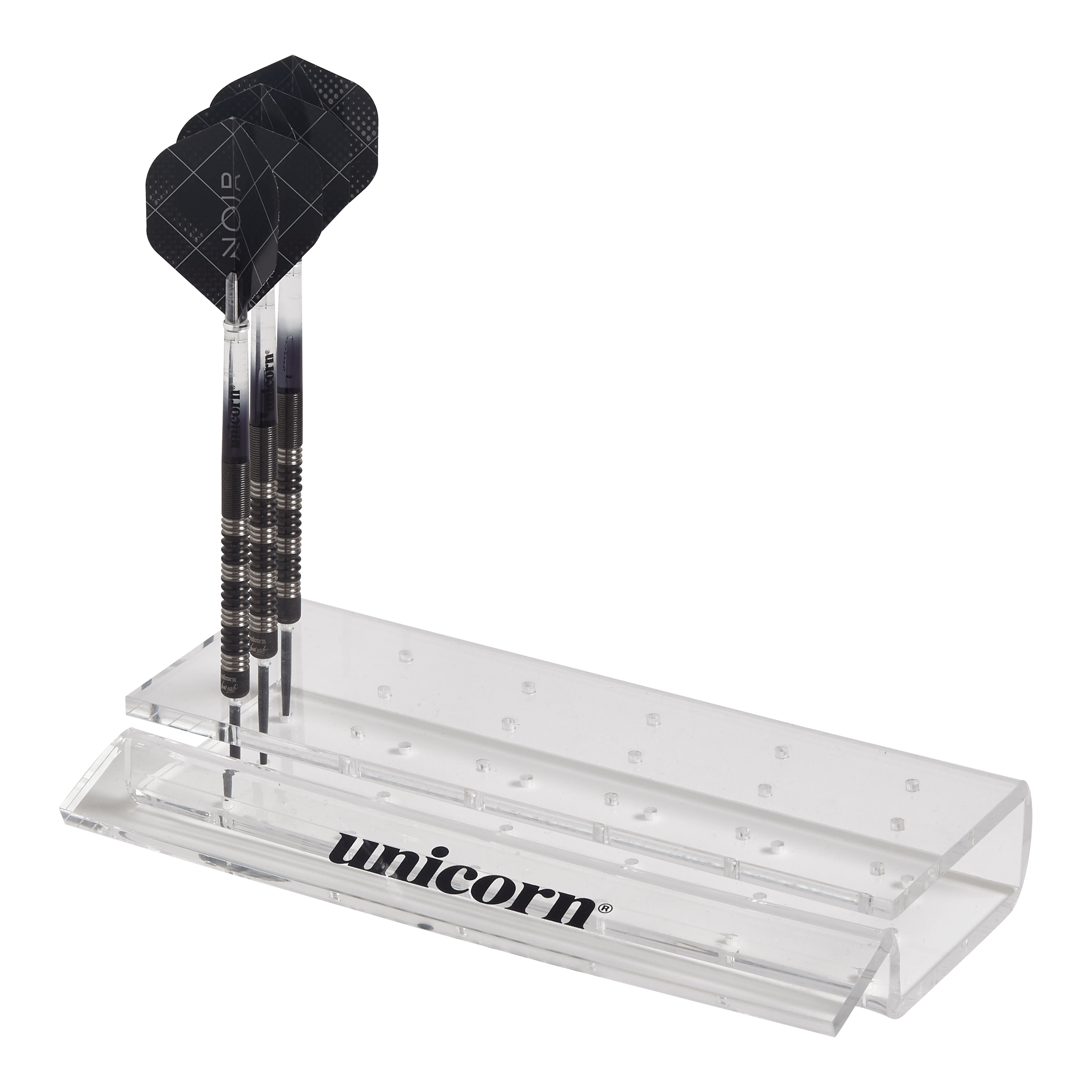 Stojan na šipky s akrylovým motivem jednorožce Das Bild zeigt einen durchsichtigen Acryl-Dartständer der Marke Unicorn. Im Ständer sind drei Dartpfeile ordentlich aufgestellt.