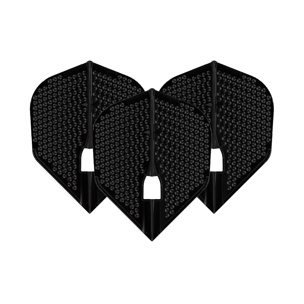 L-Style Flights Dimple Champagne L3PRO Shape Das Bild zeigt drei schwarze L-Style Flights Dimple Champagne L3PRO Shape. Sie haben eine strukturierte Oberfläche mit kleinen runden Vertiefungen.