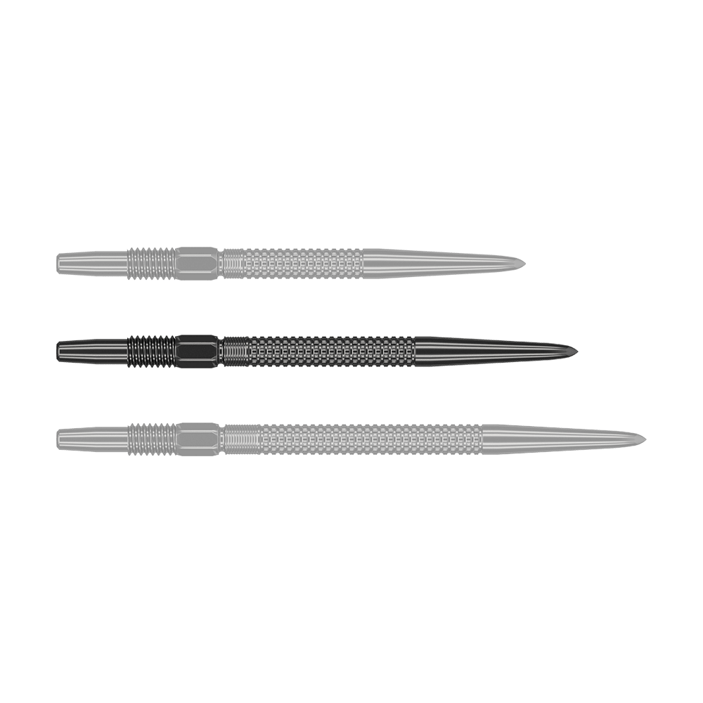 Target Swiss Point GRD Black Dartspitzen Das Bild zeigt drei schwarze Dartspitzen des Produkts "Target Swiss Point GRD Black Dartspitzen". Sie sind nebeneinander angeordnet und haben eine strukturierte Oberfläche.