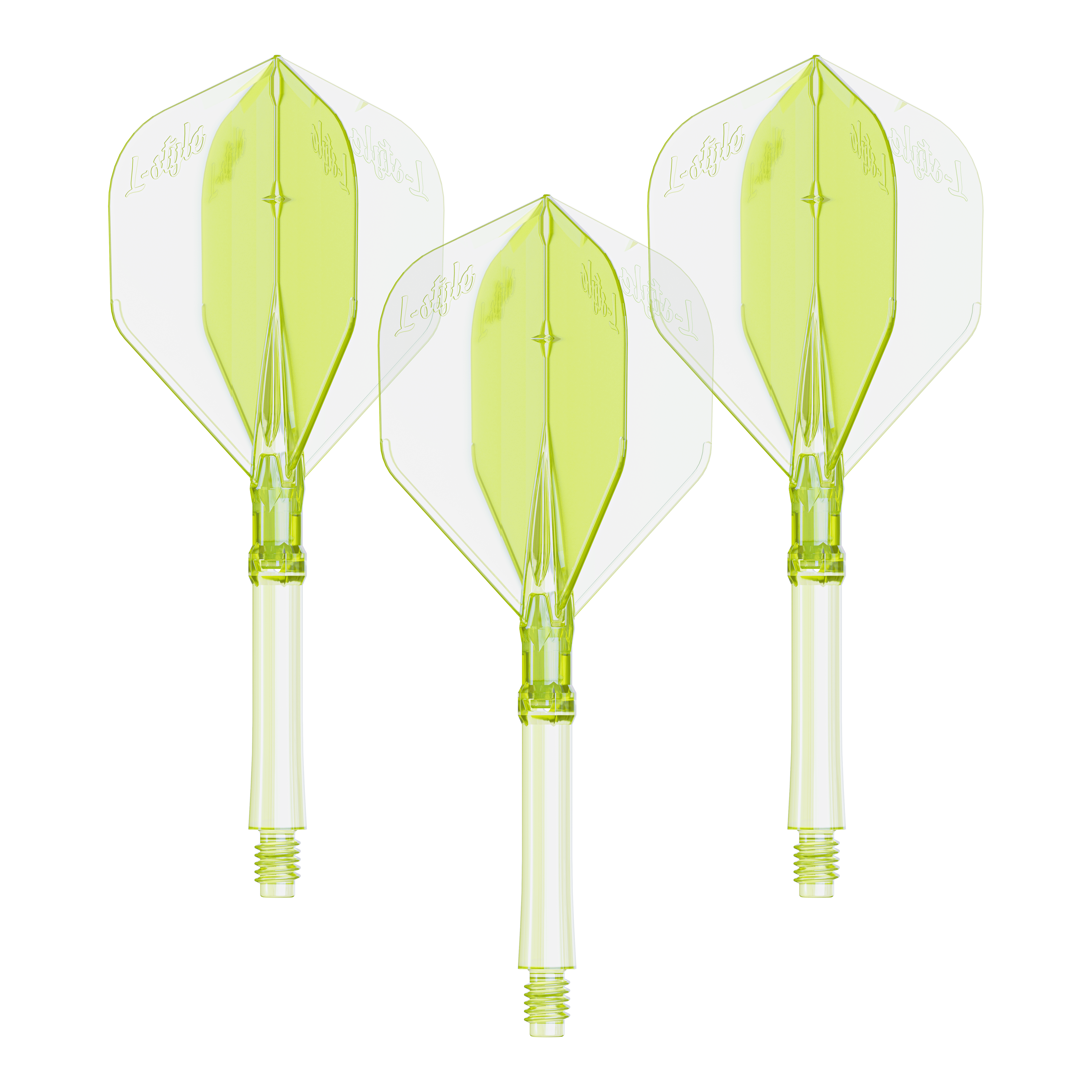 Das Foto zeigt ein Set Dart Flights in Neon-Gelb, große Größe. Die Flights sind für das L-Style L-System geeignet.