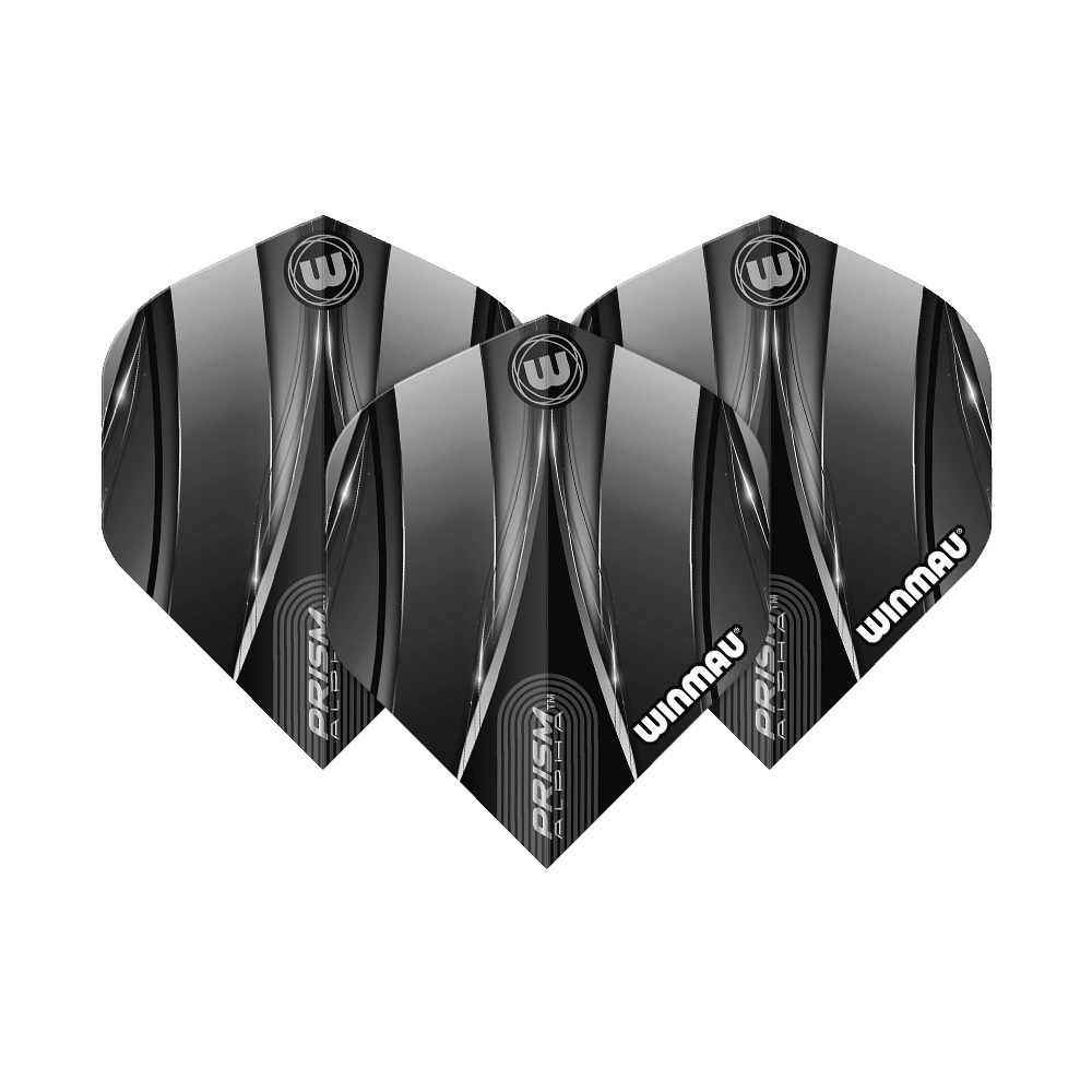 Standardní lety Winmau Alpha Sniper Black Das Bild zeigt drei schwarze Dart-Flights der Marke Winmau mit dem Namen "Alpha Sniper". Die Flights haben ein modernes, glänzendes Design mit silbernen und weißen Akzenten.