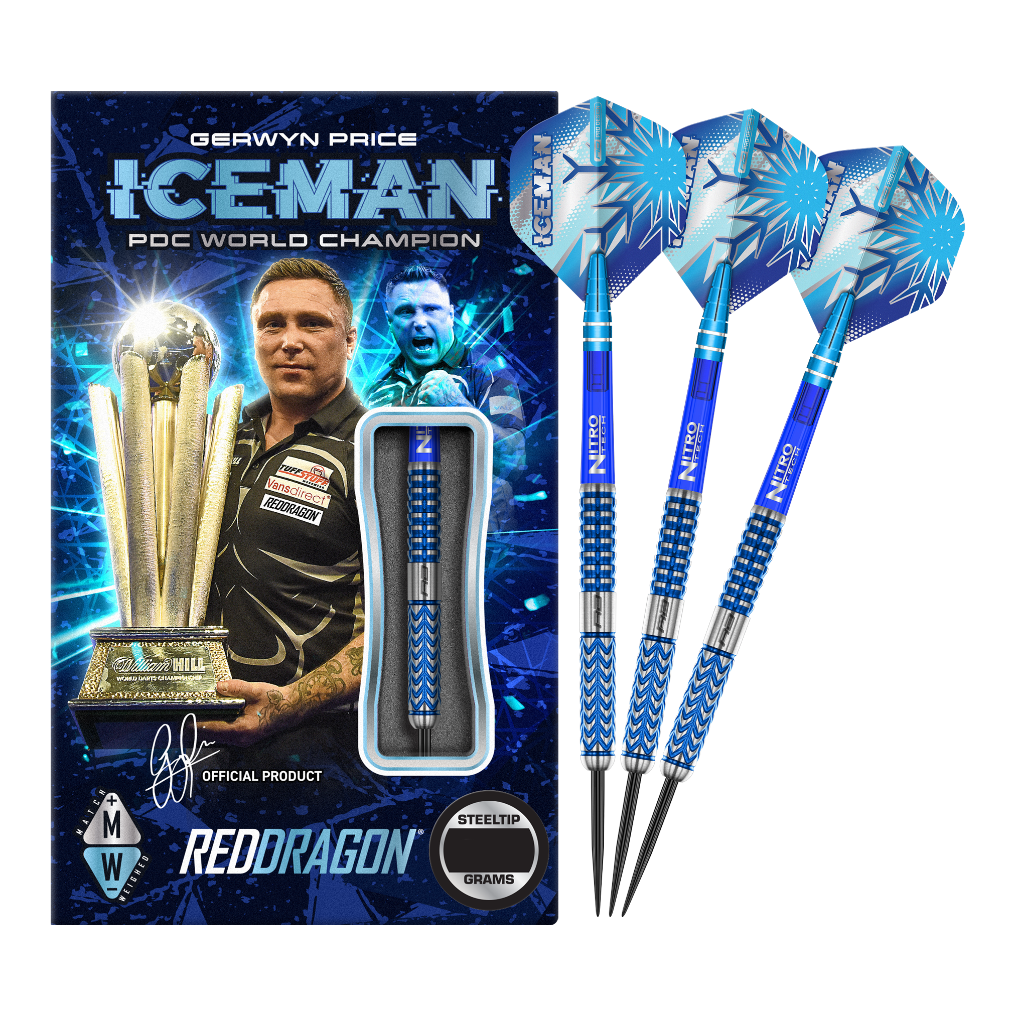 Ocelové šipky Red Dragon Gerwyn Price Glacier Das Bild zeigt das Produkt "Red Dragon Gerwyn Price Glacier Steeldarts" in einer auffälligen blauen Verpackung mit einem Bild von Gerwyn Price und einer Trophäe. Rechts daneben sind drei blaue Steeldarts mit dem Namen "ICEMAN" auf den Flights zu sehen.