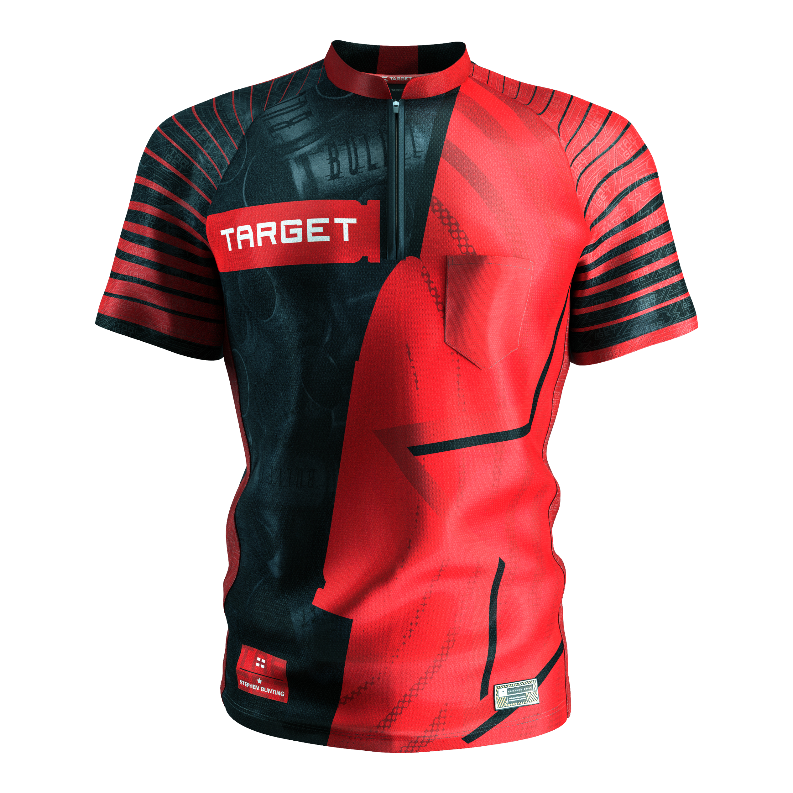 Maillot de fléchettes Target Coolplay Stephen Bunting 2025 Das Bild zeigt das Target Coolplay Stephen Bunting 2025 Dartshirt. Das Shirt ist rot-schwarz gestaltet mit auffälligen Streifen und dem weißen "TARGET" Logo auf der Brust.