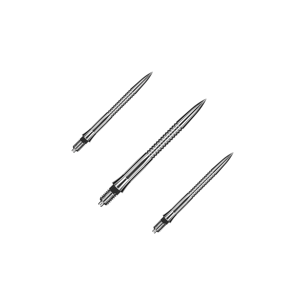 Puntas de dardo Caliburn EZ-EVO - Ranuradas - Plateadas Dargestellt ist ein Set von gerillten, silbernen Dartspitzen mit einer Länge von 28 mm. Das Set eignet sich besonders für Dartspieler, die Wert auf Präzision legen.