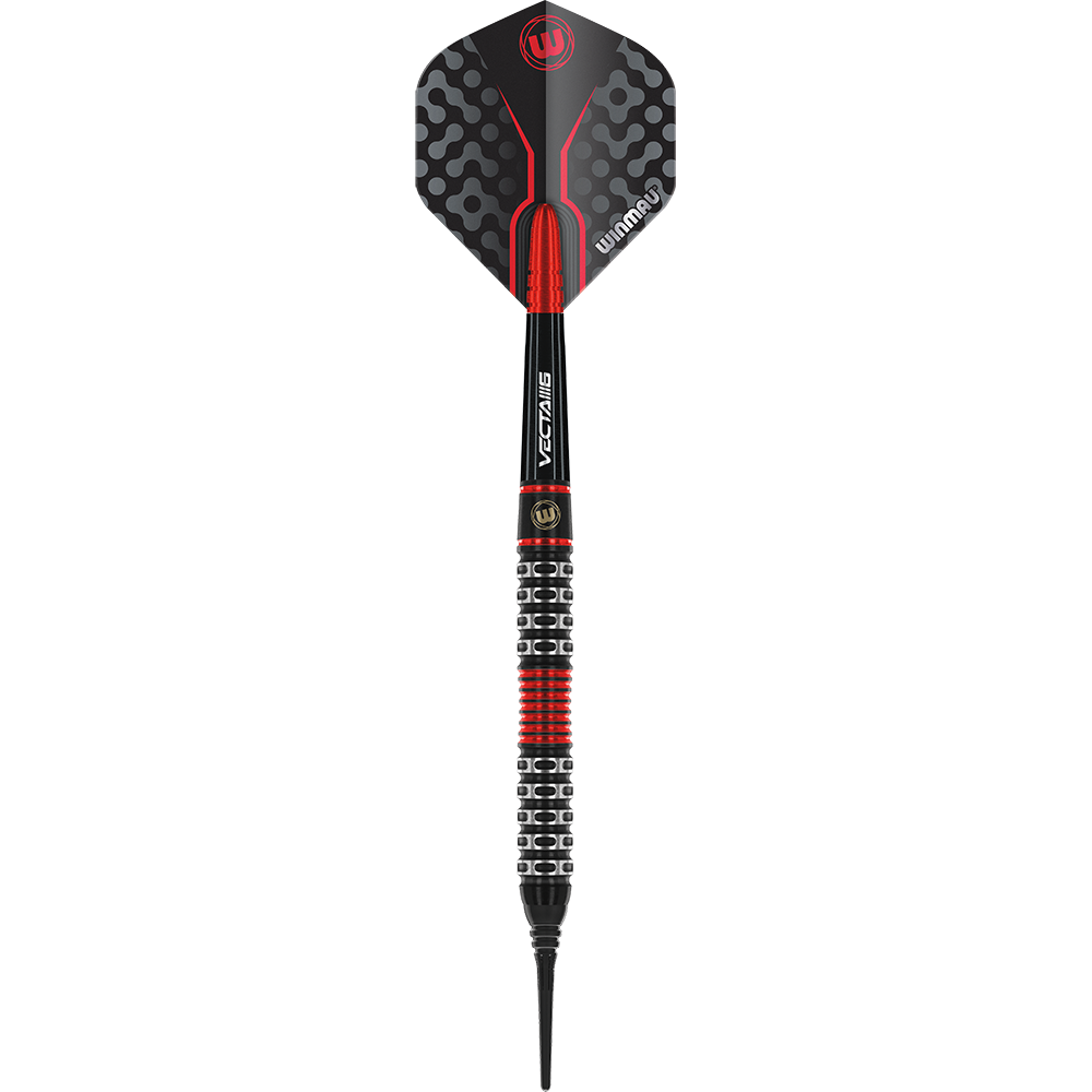 2451_Winmau_Joe_Cullen_Special_Edition_Softdarts_10ZB0FD2xjzImw Das Bild zeigt einen Winmau Joe Cullen Special Edition Softdart. Der Dart ist hauptsächlich schwarz mit roten und silbernen Akzenten gestaltet.
