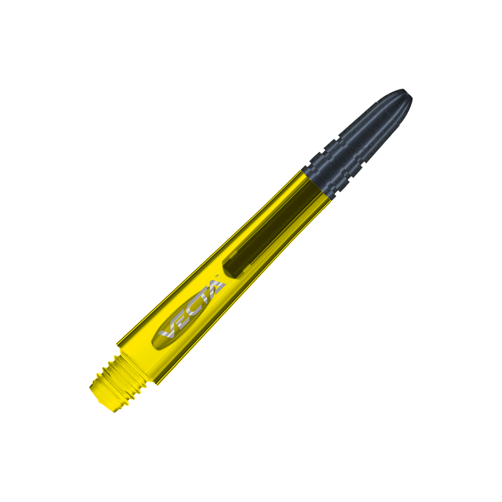 7025-206_Winmau_Vecta_Shafts_Gelb_40mm_2 Auf dem Bild ist ein Winmau Vecta Shaft in Gelb zu sehen. Der Schaft hat einen transparenten gelben Körper mit einem schwarzen Ende.