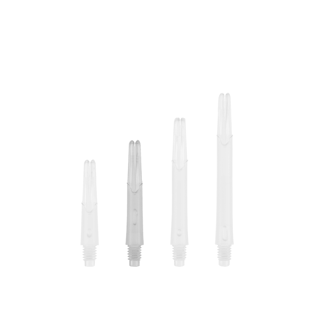 Arbres en L de style L verrouillés droits - Transparent Das Bild zeigt vier transparente, gerade Kunststoffschäfte in unterschiedlichen Längen. Sie sind vermutlich Ersatzteile für Dartpfeile.