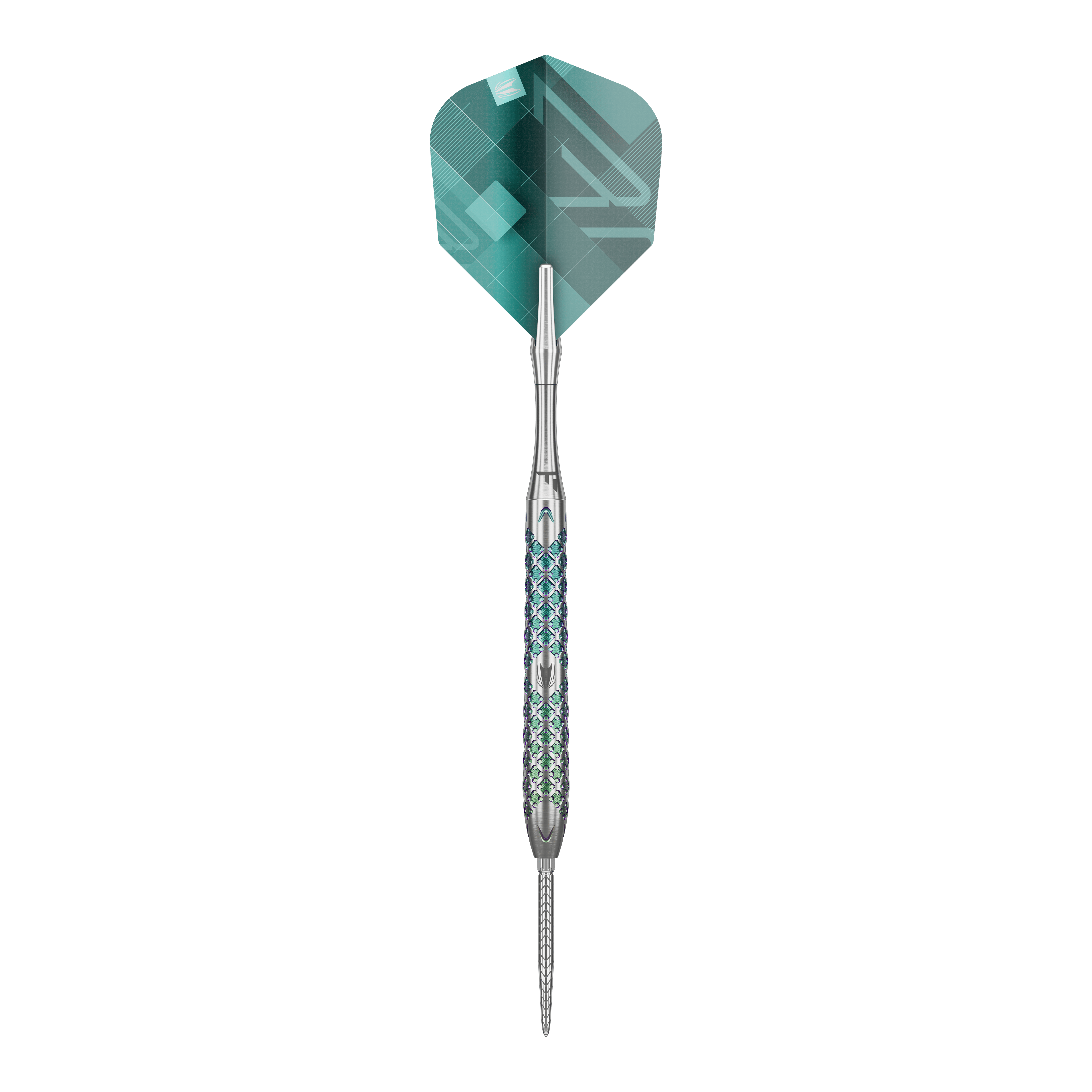 Dardos de acero Target Rove 03 Swiss Point Das Bild zeigt einen Target Rove 03 Swiss Point Steeldart. Der Dart hat ein silbernes Metallgehäuse mit blauen Akzenten und eine grüne Flight.