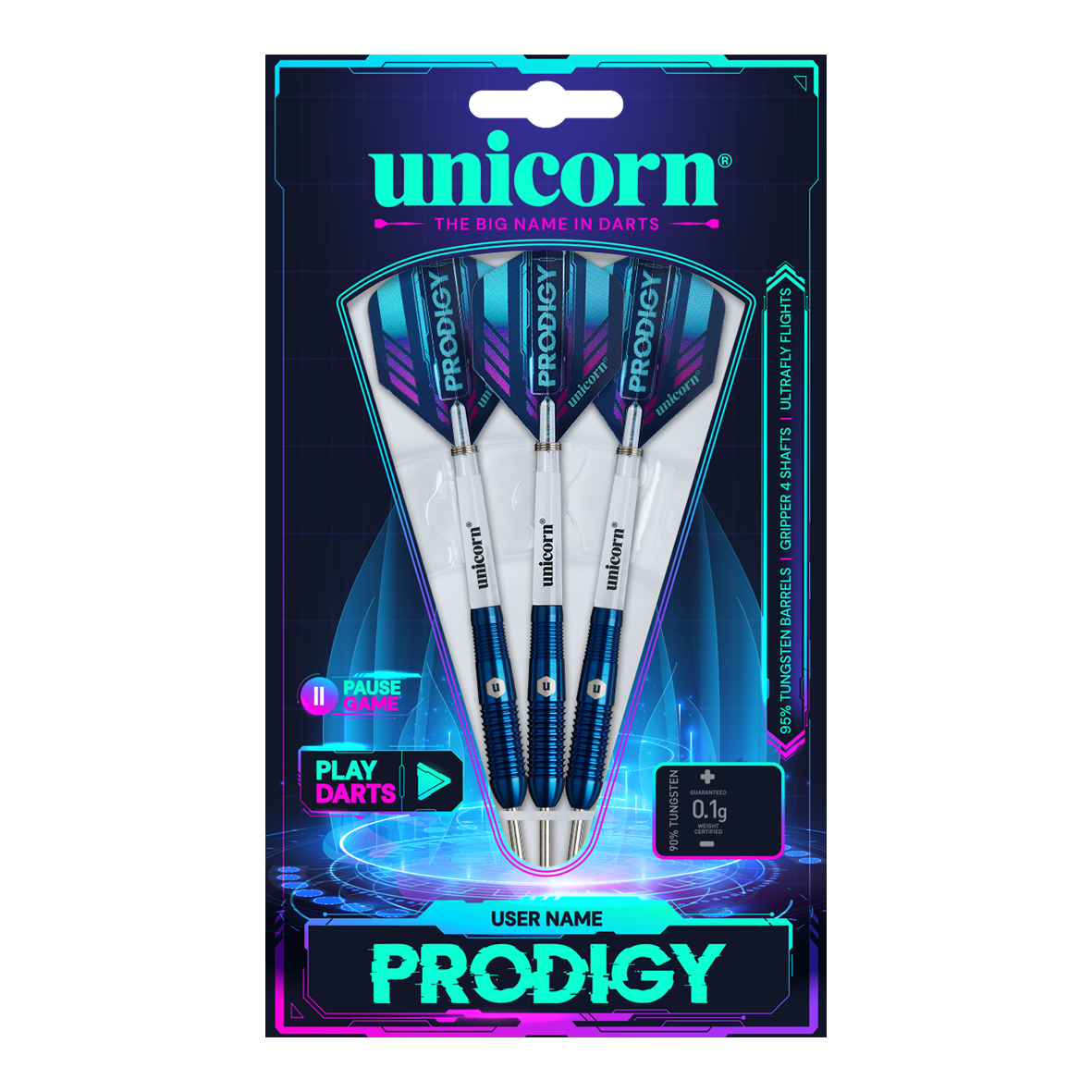 Dardos de acero Unicorn Prodigy 02 Torpedo Das Bild zeigt eine Packung mit drei Unicorn Prodigy 02 Torpedo Steeldarts. Die Verpackung ist farbenfroh gestaltet und hebt das Produkt und den Markennamen hervor.