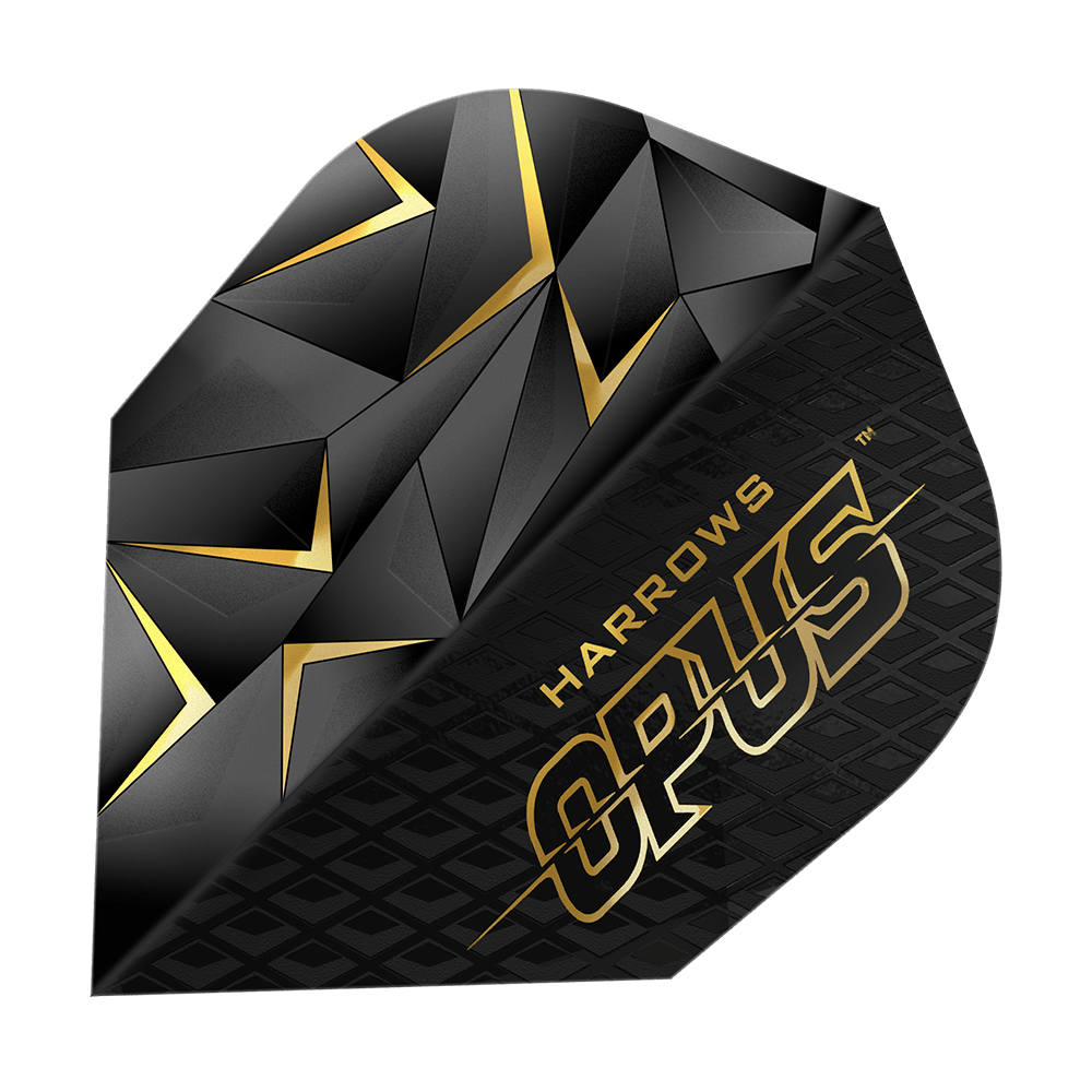 Harrowovy Opus verze 3 lety Das Bild zeigt ein Harrows Opus Version 3 Flight für Dartpfeile. Das Flight ist schwarz mit goldenen geometrischen Mustern und dem Schriftzug "Harrows Opus".