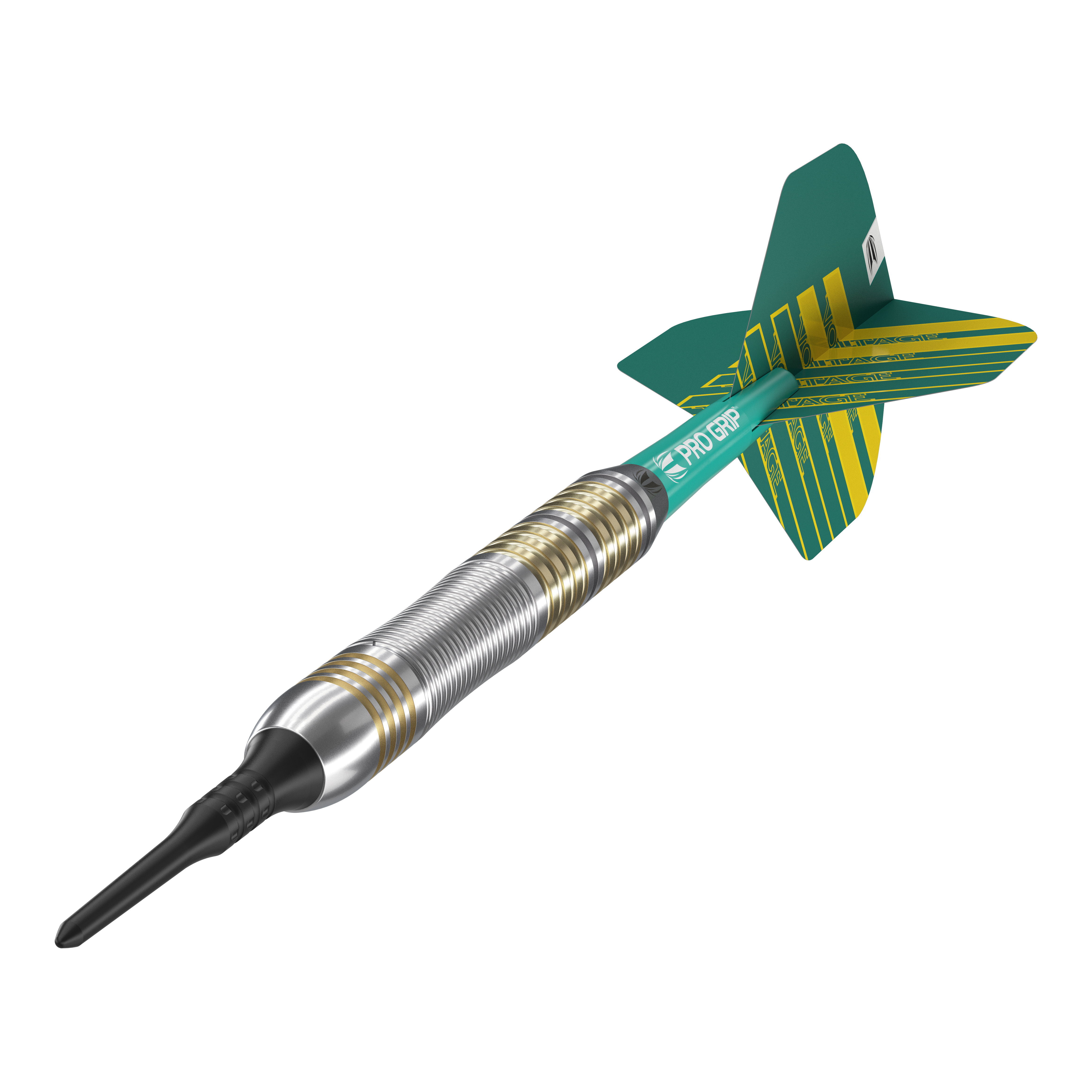 Šipky Target Rob Cross Brass Soft - 18g Das Bild zeigt einen Target Rob Cross Brass Softdart mit einem Gewicht von 18 Gramm. Der Dart hat einen silbernen und goldenen Ringgriff sowie grüne Flights mit gelben Streifen.