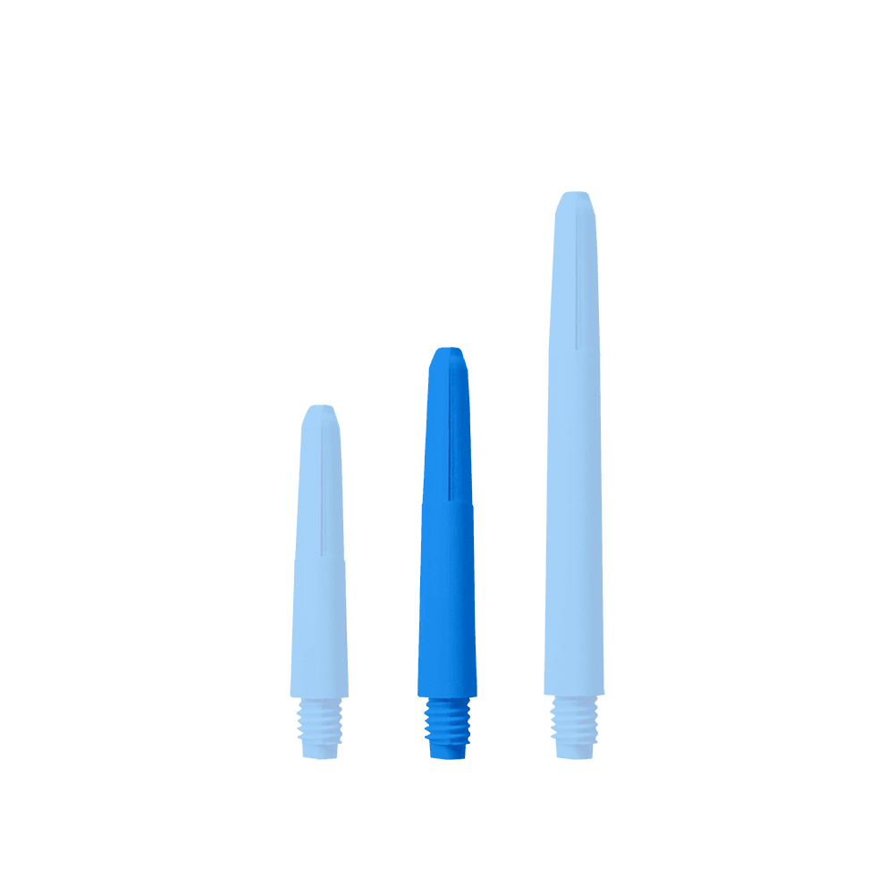 573_Nylon_Shafts_Blau_35mm_1ITMD2oHNp2ZtU Das Bild zeigt drei blaue Nylon-Schäfte in unterschiedlichen Längen. Sie sind nebeneinander auf weißem Hintergrund angeordnet.