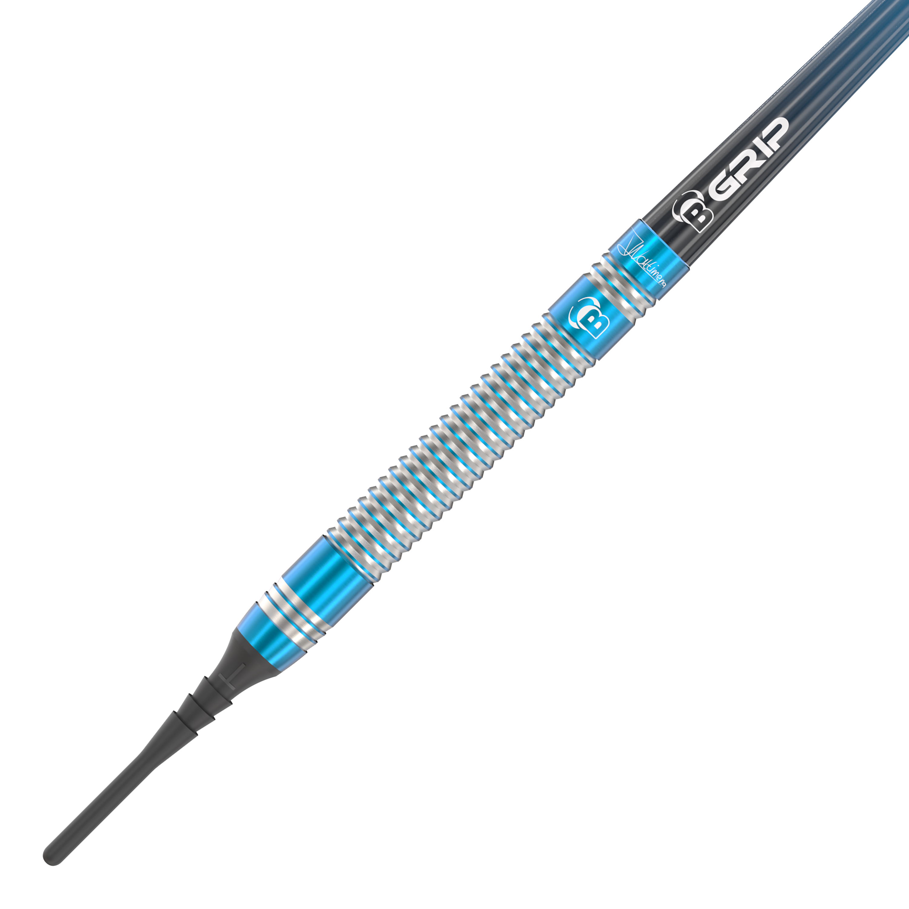 Bulls Jermaine Wattimena Generation 3 Softdarts - 20g Das Bild zeigt einen Softdart mit silbernen und blauen Rillen. Auf dem Schaft steht „B GRIP“ und der Dart wirkt hochwertig verarbeitet.