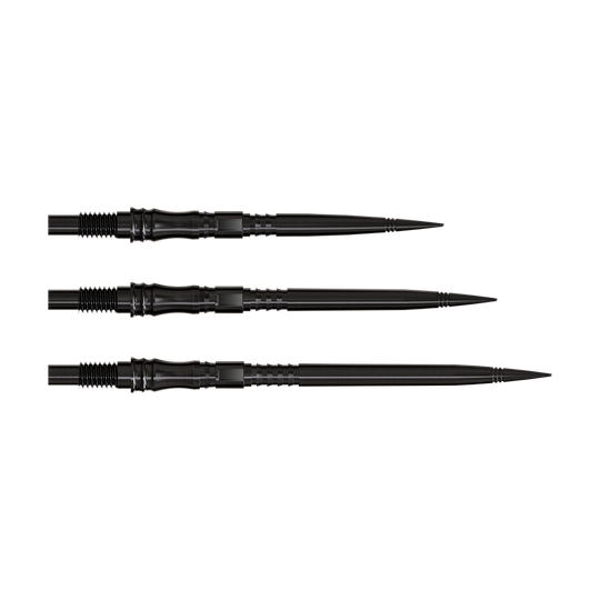 Harrows Quick Point Apex Axis Elite Series Dartspitzen - Schwarz Dartspitzen der Apex Axis Black Elite Serie werden gezeigt. Die Spitzen sind dunkel und fein gefertigt.