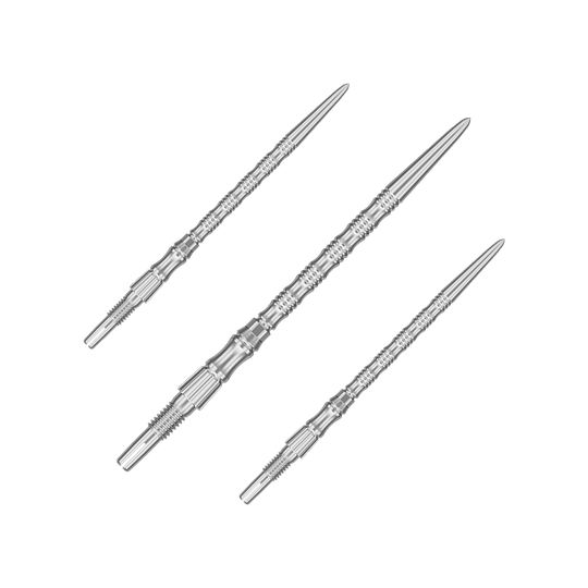 Target Signature Swiss Point TRB Steeldartspitzen - Silber Das Bild zeigt ein Set silberner Dartspitzen mit einer Länge von 42 mm. Es handelt sich um Target SwissPoint Signature TRB Dartspitzen.