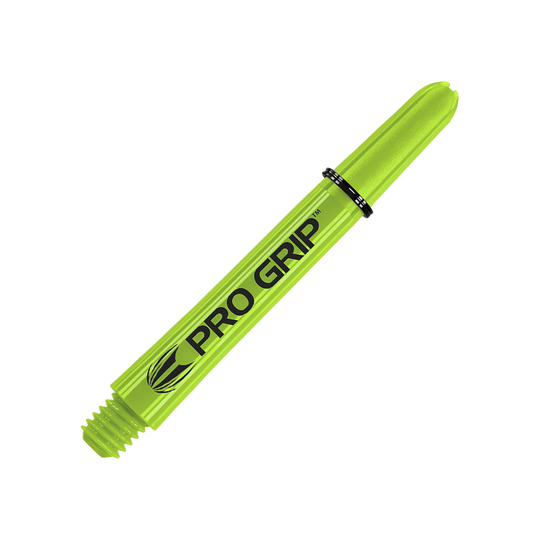 Target Pro Grip Shafts - 3 Sets - Lime Green Das Bild zeigt einen limegrünen Dart-Schaft mit der Aufschrift "PRO GRIP". Der Hintergrund ist passend in derselben Farbe gestaltet.