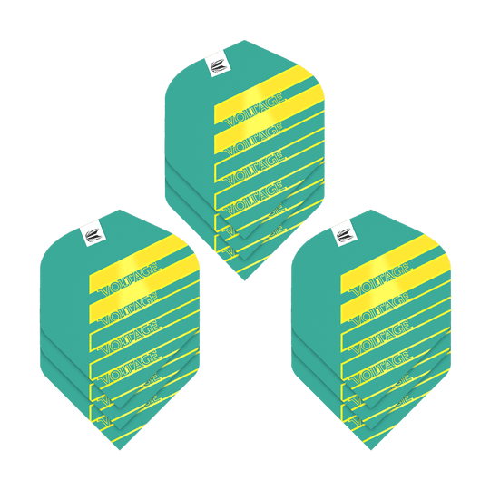 Target Pro Ultra Rob Cross Aqua No2 Standard Flights - 3 sady Das Bild zeigt drei Sets von Target Pro Ultra Rob Cross Aqua No2 Standard Flights. Die Flights sind türkis mit gelben Streifen und dem Schriftzug "VOLTAGE" darauf.