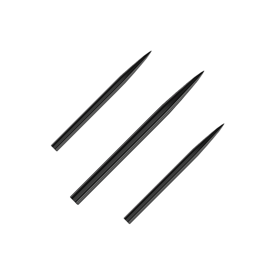 Harrows steel dart tips - black Auf dem Bild sind drei schwarze Stahlspitzen für Darts zu sehen. Sie sind in einer diagonalen Linie angeordnet und haben eine spitze Form.
