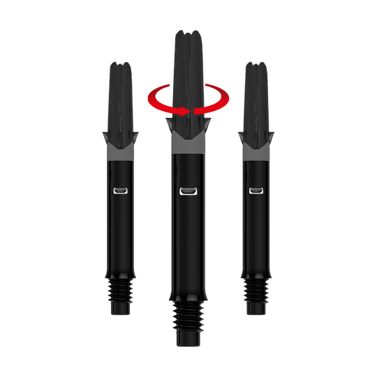Wałki L-L-Style-Shafts Silent Straight - czarne Das Bild zeigt drei schwarze Dartshafts ohne Kappen. Über dem mittleren Shaft befindet sich ein roter Pfeil, der eine Drehbewegung anzeigt.