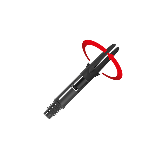 Das Bild zeigt einen schwarzen Dart-Schaft aus Carbon. Ein roter Pfeil deutet eine Drehbewegung auf den oberen Teil des Schafts an.