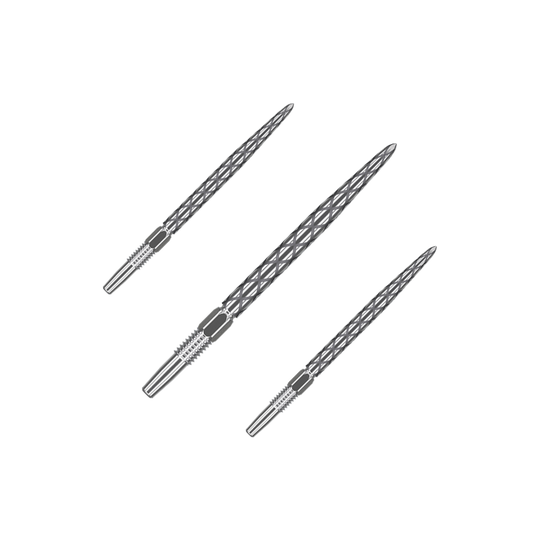 Target Swiss Diamond Pro Silver Points Dartspitzen Auf dem Bild sind drei silberne Dartspitzen mit einem rautenförmigen Muster zu sehen. Sie liegen parallel nebeneinander auf einem grünen Hintergrund.