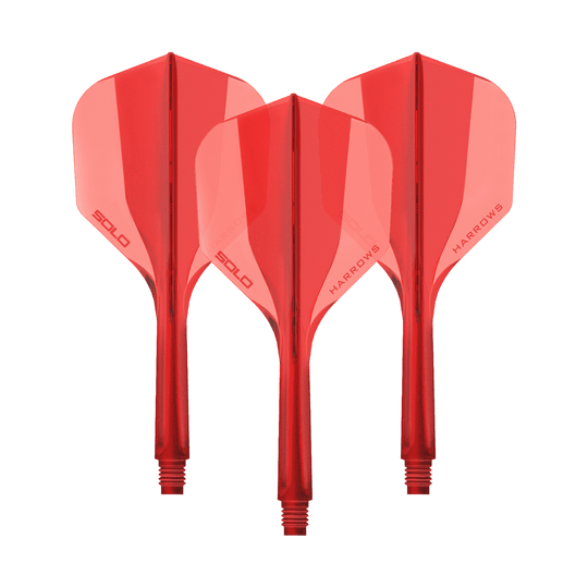 Ein Flight-Shaft-System in Rot wird gezeigt. Das Bild zeigt das Harrows Solo No6 Flight Shaft System mit einer Länge von 27 mm.