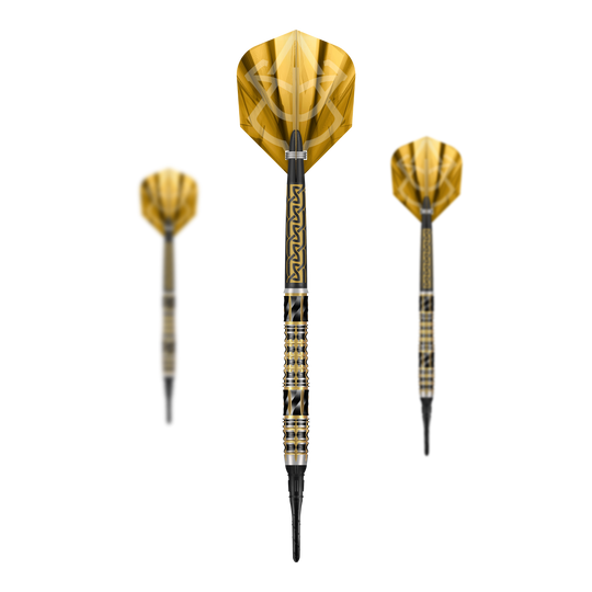 Šipky Shot Alchemy Auro Softdarts - 20g Abgebildet sind die Shot Alchemy Auro Softdarts mit 20g Gewicht. Der Fokus liegt auf dem Design und der Verarbeitung der Softdarts.