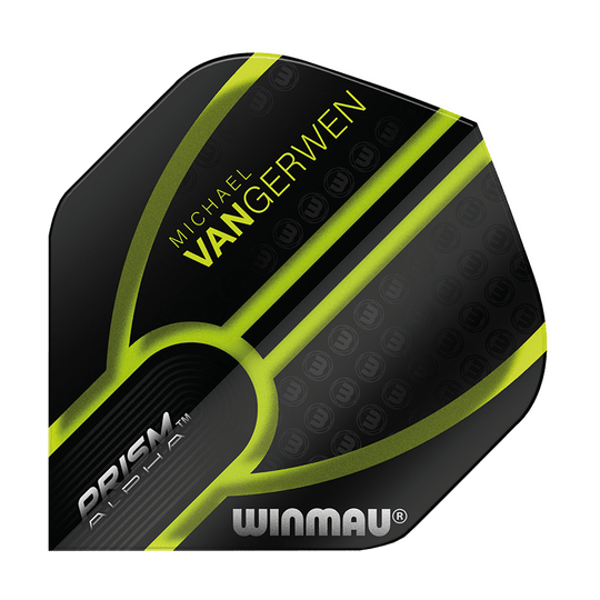 6915-143_Winmau_Prism_Alpha_MvG_Black_Green_V1_Standard_Flights_1 Das Bild zeigt ein Dartflight mit schwarzem und grünem Design. Auf dem Flight stehen die Namen "Michael van Gerwen" und "Winmau".
