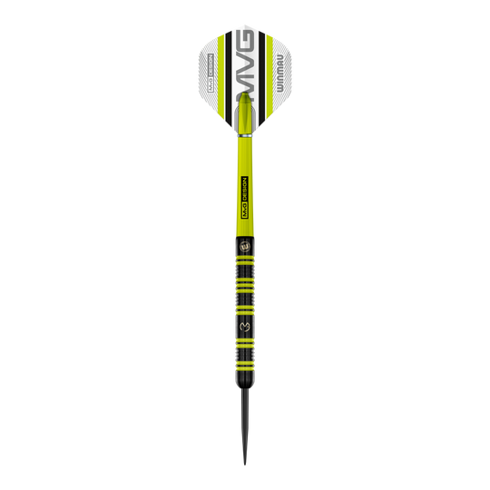 Ocelové šipky Winmau Michael Van Gerwen 85 Pro-Series Ein einzelner Winmau Michael Van Gerwen 85 Pro-Series Steeldart wird gezeigt. Der Schaft und die Spitze sind klar erkennbar.