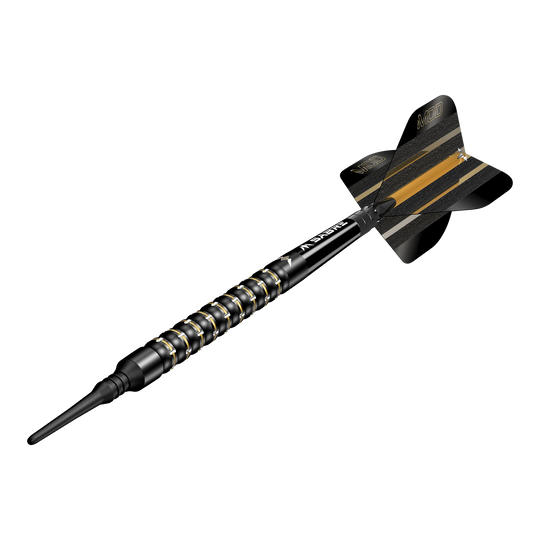 Das Bild zeigt einen schwarzen Softdartpfeil mit goldenen Akzenten. Auf der Flight steht "MDD" und der Pfeil wirkt hochwertig und modern.