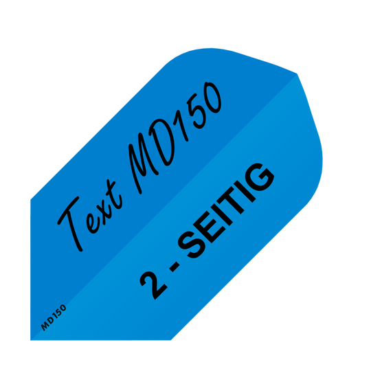 MD-256_2-Seitig_Bedruckte_Flights_Wunschtext_MD150_Blau_Slim_1 Das Bild zeigt ein blaues Dart-Flight mit der Aufschrift "Text MD150" und "2-SEITIG". In der unteren Ecke steht zusätzlich klein "MD150".