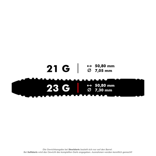 Winmau Danny Noppert Signature Edition 2 dardos de acero Das Bild zeigt die Maße und Gewichte von zwei Steeldarts, 21 g und 23 g. Beide Darts sind 50,80 mm lang, wobei der 23 g Dart einen Durchmesser von 7,30 mm und der 21 g Dart einen Durchmesser von 7,05 mm hat.