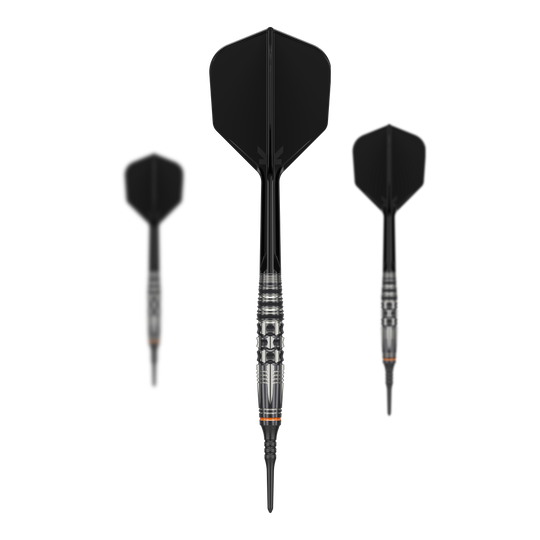 Dardos blandos Target Japan Black Marque Dancing Duck GEN 4 - 17 g Das Bild zeigt drei Softdarts des Modells "Target Japan Black Marque Dancing Duck GEN 4" mit einem Gewicht von 17g. Die Darts haben ein modernes, schwarzes Design mit silbernen Akzenten am Barrel.