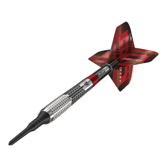 Měkké šipky Target Stephen Bunting GEN5 - 18g Das Bild zeigt einen Target Stephen Bunting GEN5 Softdart mit einem Gewicht von 18g. Der Dartpfeil hat ein silbernes Griffstück mit roten und schwarzen Akzenten sowie einer auffälligen roten Flights.
