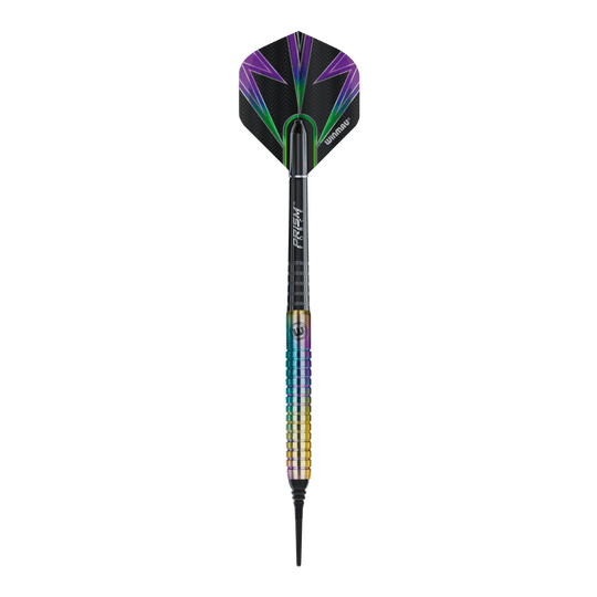 Šipky Winmau Foxfire Urban Soft - 20g Das Bild zeigt den Winmau Foxfire Urban Softdart mit einem Gewicht von 20g. Der Dartpfeil hat ein farbenfrohes Design mit schwarzen, lila und grünen Akzenten.