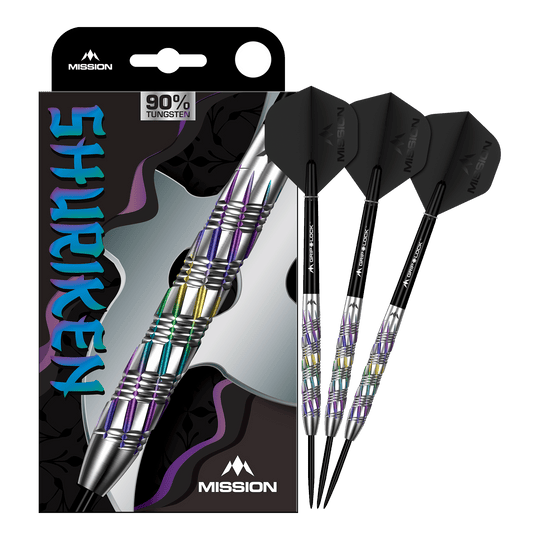 Dardos de acero Shuriken de Mission Mission Shuriken Steeldarts sind professionelle Steeldarts. Das Bild zeigt das vollständige Set der Mission Shuriken Steeldarts.