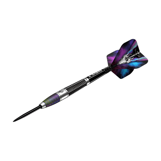 M001317_Mission_Occult_Steeldarts_4 Dies ist der Mission Occult Steeldart mit einem Gewicht von 23 Gramm. Er hat einen metallischen Schaft und bunte, dekorative Flights.