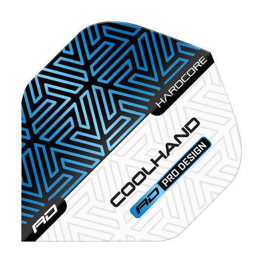 Red Dragon Hardcore Luke Humphries Modrá Bílá Prémiové Standardní Lety Das Bild zeigt ein Dartflight in Blau, Schwarz und Weiß mit geometrischem Muster. Auf dem Flight stehen die Wörter „HARDCORE“, „COOLHAND“ und „RD PRO DESIGN“.