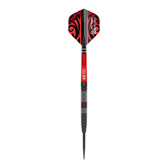 Dardos de acero Red Dragon Jonny Clayton Hiraeth Das Bild zeigt einen Red Dragon Jonny Clayton Hiraeth Steeldart. Der Dart ist in Schwarz und Rot gehalten und hat auffällige Muster auf den Flights.