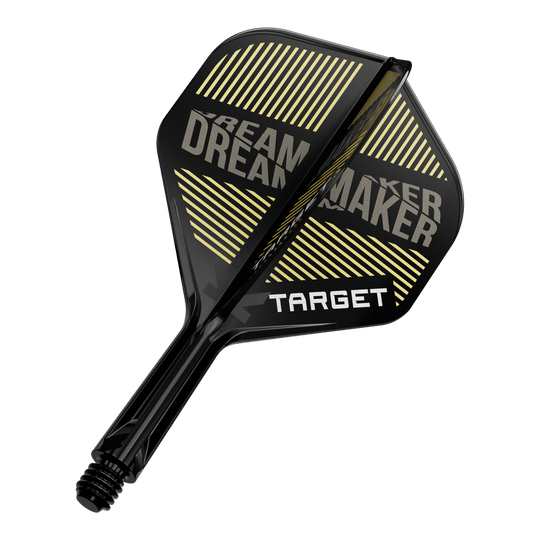 Systém standardní letové hřídele Target K-Flex Dimitri Van Den Bergh No2 Auf dem Bild ist ein schwarzer Dart-Flügel mit gelben Streifen und dem Schriftzug „DREAM MAKER“ zu sehen. Darauf steht außerdem das Wort „TARGET“ in weißen Buchstaben.