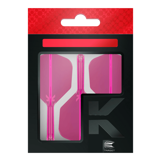 Letový systém Target K-Flex No6 - neonově růžový Auf dem Bild ist eine Verpackung mit drei pinken Dartflights zu sehen. Die Verpackung ist schwarz mit einem roten oberen Rand und dem Markenlogo "Target" unten rechts.