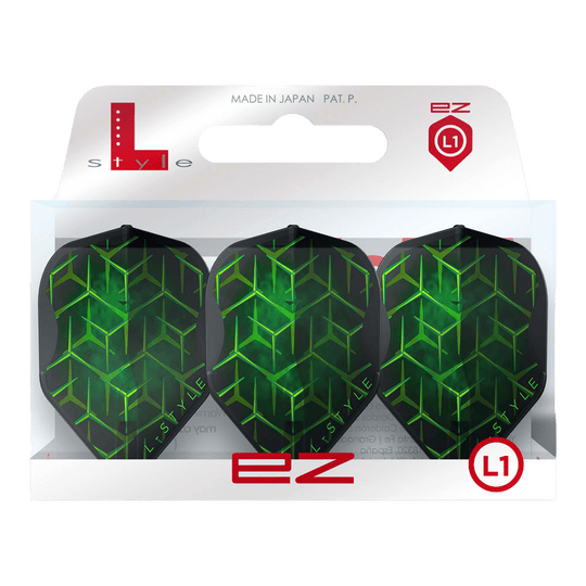 Loty Lukas Wenig V1 Black L1EZ w stylu L Zwei L-Style Lukas Wenig V1 Black L1EZ Flights liegen nebeneinander auf weißem Hintergrund. Die Flächen- und Kantengeometrie wird dargestellt.