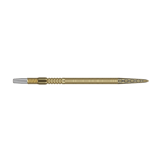 Puntas de dardos Target Swiss Point DX - dorado Das Bild zeigt eine goldene Dartspitze mit feinen Rillen und detailliertem Muster. Sie hat am Ende eine silberne Metallspitze.